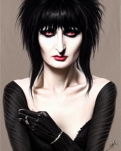 Image similar to portrait of siouxsie sioux, black hair, elegant, real life skin, intricate artwork, high detailed, artstation, concept art, smooth, sharp focus, art by artgerm and greg rutkowski @ ruprechy