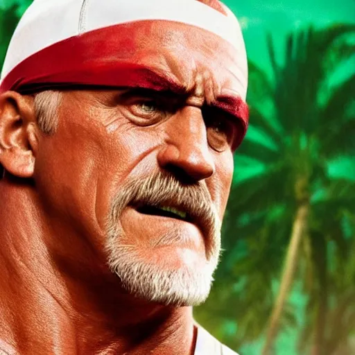 Image similar to movie still of hulk hogan from the new thunder in paradise movie, splash art, detailed face, photorealistic facial features, cinematic lighting, dramatic, octane render, long lens, shallow depth of field, bokeh, anamorphic lens flare, hyper detailed, 3 5 mm film grain