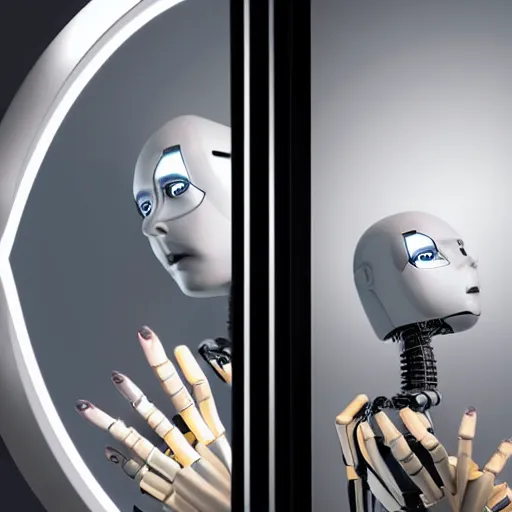 Prompt: a robot looking at itself on the mirror, low-angle, photorealistic, !!award-winning!!