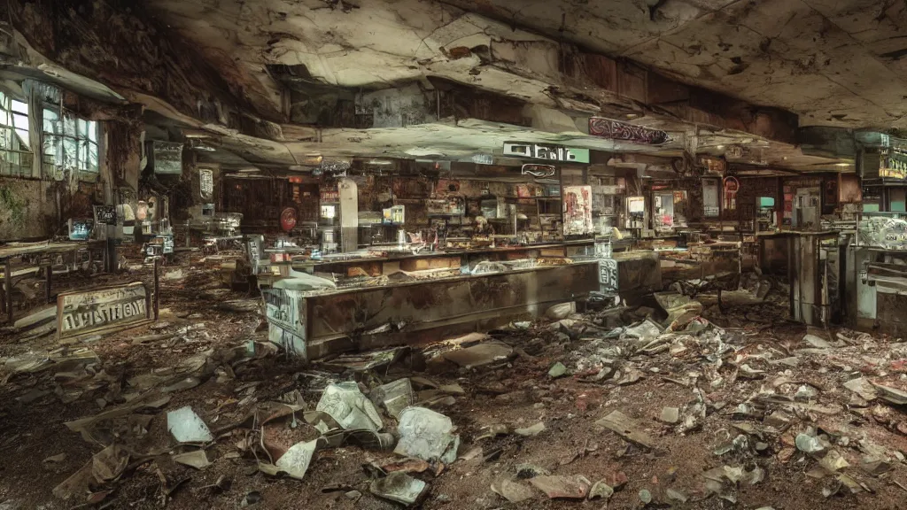 Image similar to forestpunk unfettered afterlife abandoned fastfood restaurant, postapocalypse, cinematic