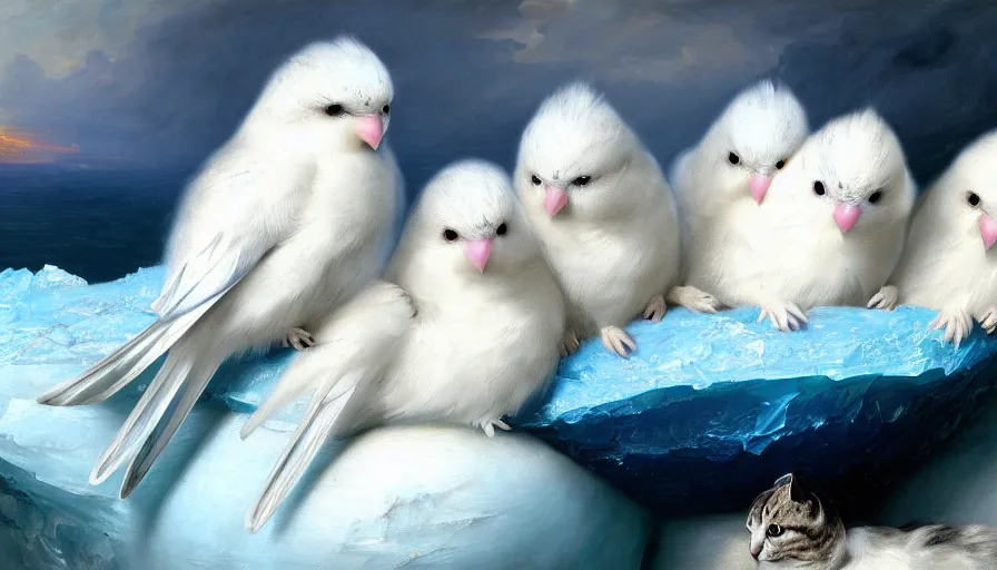 Prompt: highly detailed painting of cute furry white baby budgie cats cuddling into each other on a blue and white iceberg by william turner, by greg rutkowski, by william constable, thick brush strokes and visible paint layers, 4 k resolution