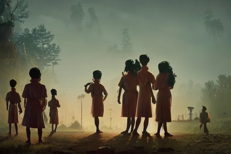 Image similar to kerala school kids wearing gender neutral uniform, an epic fantasy, dramatic lighting, cinematic, establishing shot, extremely high detail, photorealistic, cinematic lighting, artstation, matte painting by simon stalenhag, horizon forbidden west