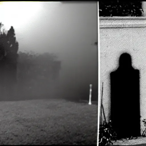 Image similar to cctv security cam grainy black and white footage of baron samedi in an spooky graveyard. baron samedi is wreathed in mist and shadow and is looking at the camera.