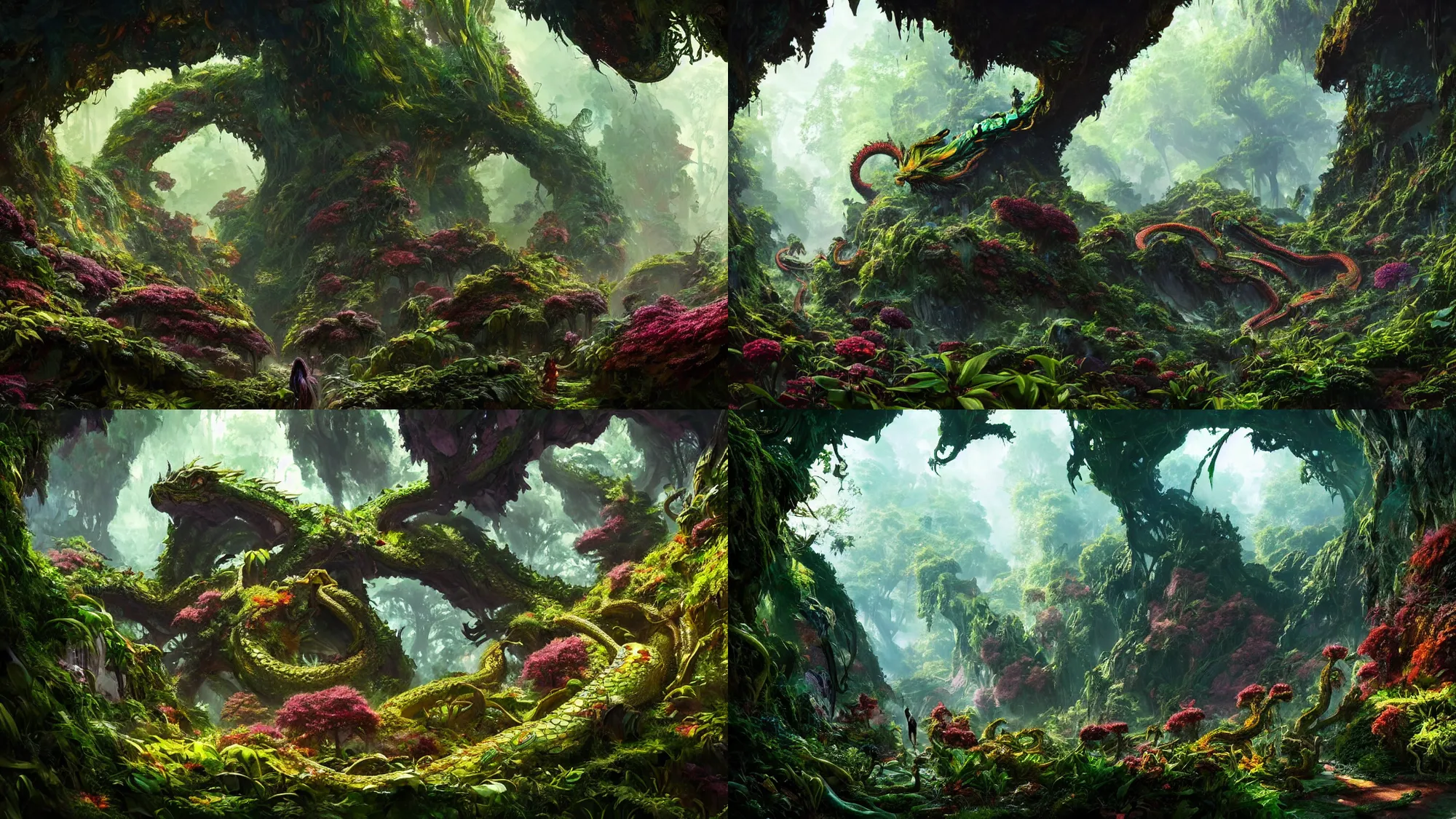 Prompt: an overgrown forest full of serpentine dragons and birdlike dragons, seprentine dragon, full of glowing plants and vividly colored flowers, with warm light dappled through the leaves, and a vine-covered cave entrance in shadow,, Wadim Kashin, in Peter Elson color scheme, featured in artstation, octane render, cinematic, elegant, intricate, 8k