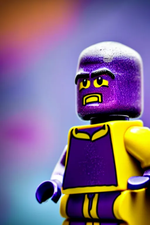 Image similar to closeup studio photograph of a thanos lego mini figurine, depth of field, 5 0 mm, 8 k, soft vignette