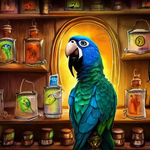 Image similar to Magic the gathering artwork of Anthropomorphized parrot trader in his shop, shelves full, selling a gem, portrait, items, magic potions, carpet, window, fancy funny hat, sly expression , cunning expression, cute expression, presenting magic gem, D&D, fantasy, cinematic lighting, highly detailed, digital painting, artstation, concept art, smooth, sharp focus, illustration, warm light, cozy warm tint, magic the gathering artwork, volumetric lighting, 8k, no gold, no gold colours, art by Akihiko Yoshida and Greg Rutkowski