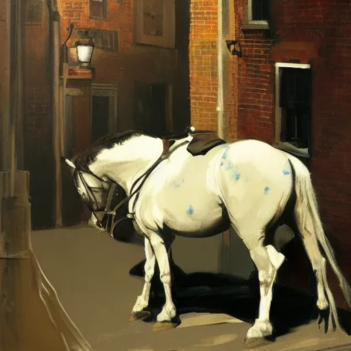 Image similar to painting of a man on a horse in an alleyway, Peaky Blinders (2018), painted by George Bellows