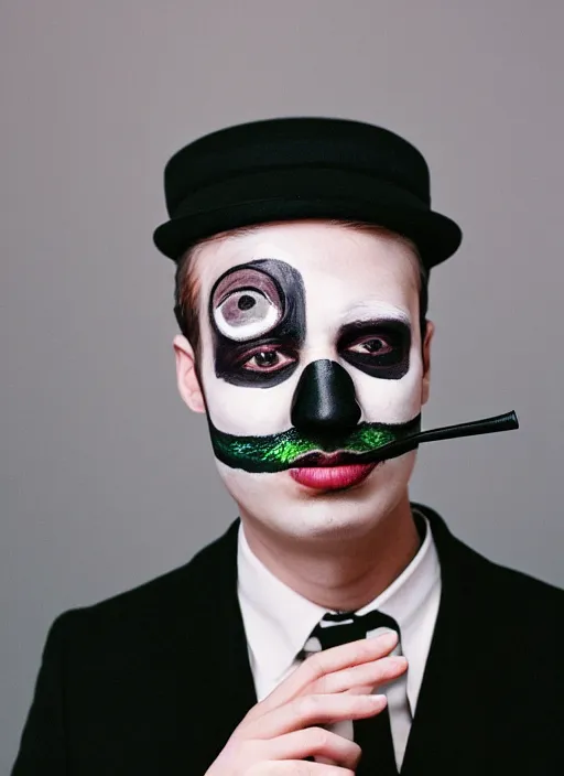 Image similar to a fashion portrait photograph of a man in a black suit wearing a black bowler hat with face painted as a green apple, 3 5 mm, color film camera,