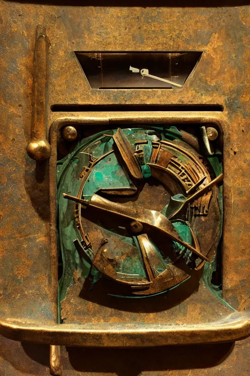 Prompt: a martian artifact of a mechanical astrological machine in a museum with a description placard, bronze, old, alien, verdigris, mechanical