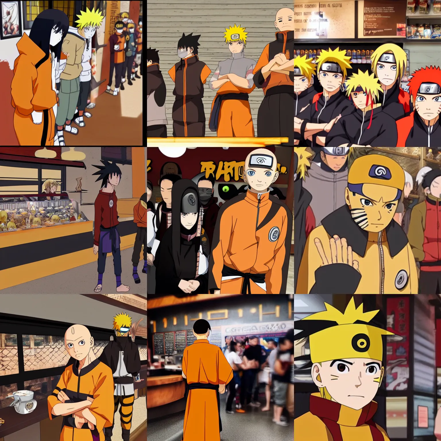 Prompt: Naruto waiting in line behind Ang the last airbender in a coffee place