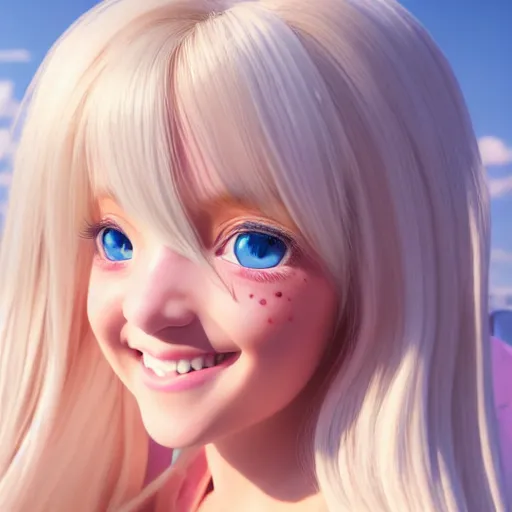 Image similar to beautiful hyperrealism selfie of a cute 3 d anime young woman smiling smugly, long light platinum blonde hair, flushed face, heart - shaped face, cute freckles, light blue eyes, golden hour, 8 k, instagram