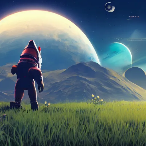 Image similar to gek enjoying nipnip in no man's sky, 4 k, artstation, digital art