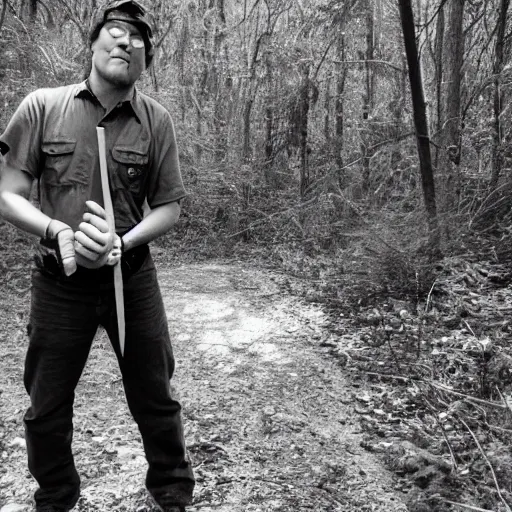 Prompt: black and white trailcam footage of steven universe holding a bloody axe