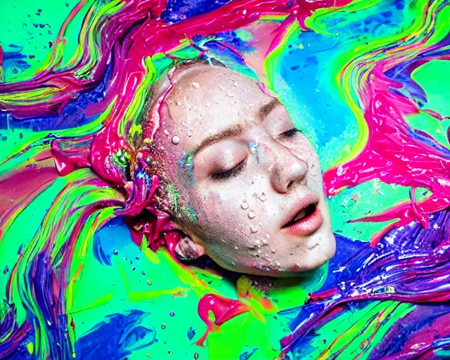 Image similar to underwater still shot of a closed eyed female head exploding into paint frottage and decalcomania and acrylic pour and coloured powder explosion and splashing paint and dripping paint and flying paint chunks, embossed paint, motion blur, hyperrealistic, intricate underwater art photography, hyperrealistic, anatomically correct, realistic crisp textures, 1 6 k,