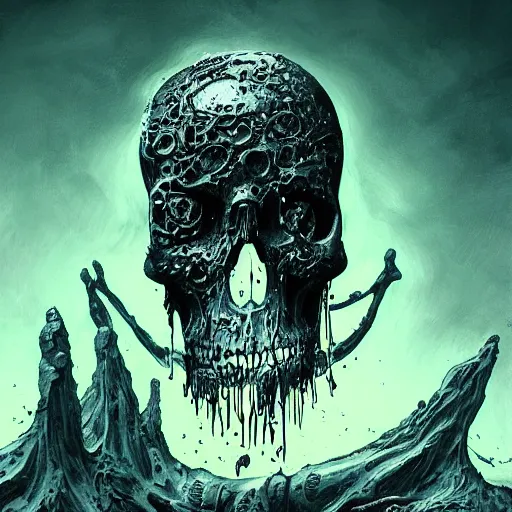 Image similar to vertical pile of melting skull disgorging black tar, android jones