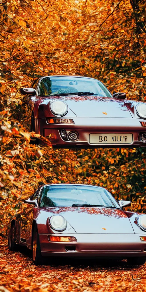 Image similar to photo of a porsche driving through autumn leaves, photo, kodak portra 4 0 0, direct flash, cinematic lighting, anti aliasing