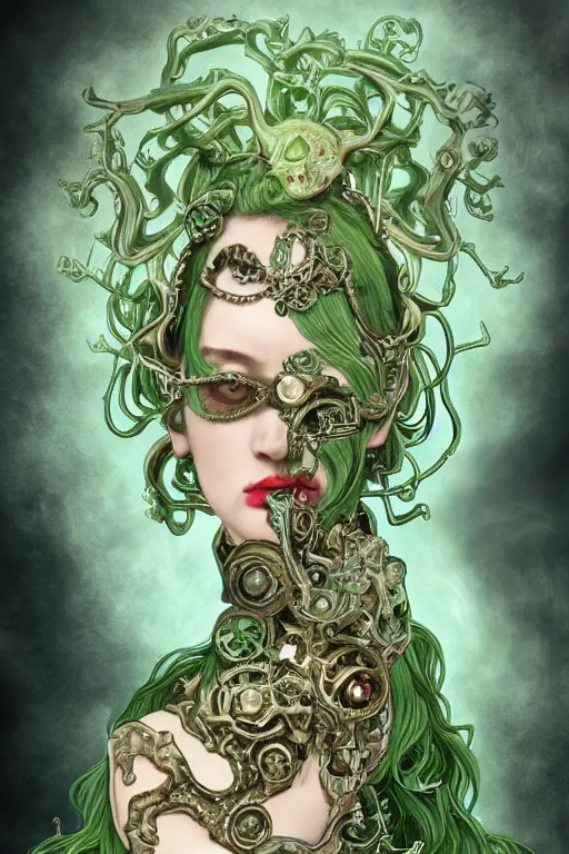 Image similar to rococo upper body portrait sigil with the intent of conquering the world lovecraftian undead zombie queen, green hair, bytian zi and wlop and alphonse mucha biomechanical illuminated text ornaments and gems hdr 8 k 3 d dslr hdr trending on artstation rendered with cryengine
