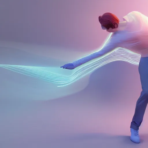 Image similar to A very detailed digital art rendering and concept design of a beautiful young ethereal man beautifully positioned and dancing in volumetric lighting, three dimensions, a digitally transformed environment, user interface design, 3D modeling, illustration, and transportation design