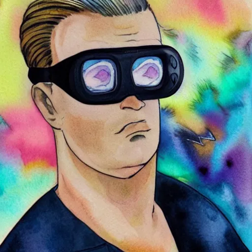 Image similar to detailed colorful watercolor of square - jawed emotionless serious blonde woman starship engineer, tribal tattoos, handsome, short slicked - back hair, sweating, uncomfortable and anxious, looking distracted and awkward, wearing victorian dark goggles, dirty white tank top, cargo pants, and gloves, small spacecraft in background, highly detailed, david mack, trending on artstation