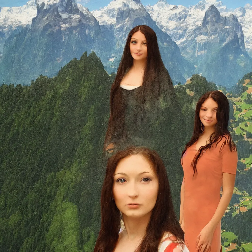 Image similar to A girl that looks like the mona lisa with beautiful switzerland landscape in the background