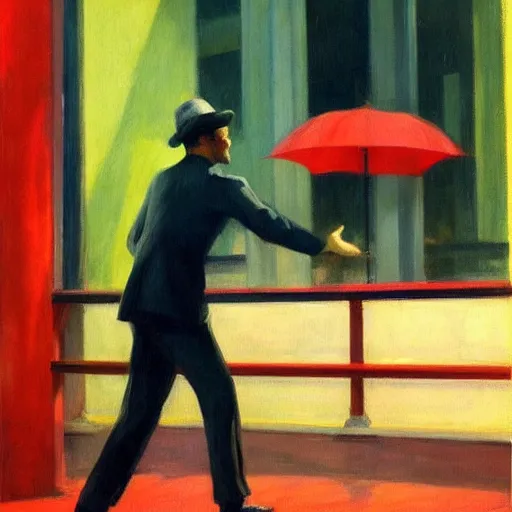 Image similar to man dancing in the rain, edward hopper, trending on artstation,