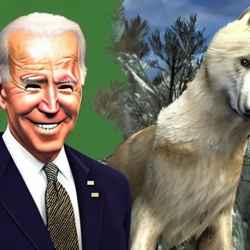 Image similar to Joe Biden in Skyrim with Doge, realistic render