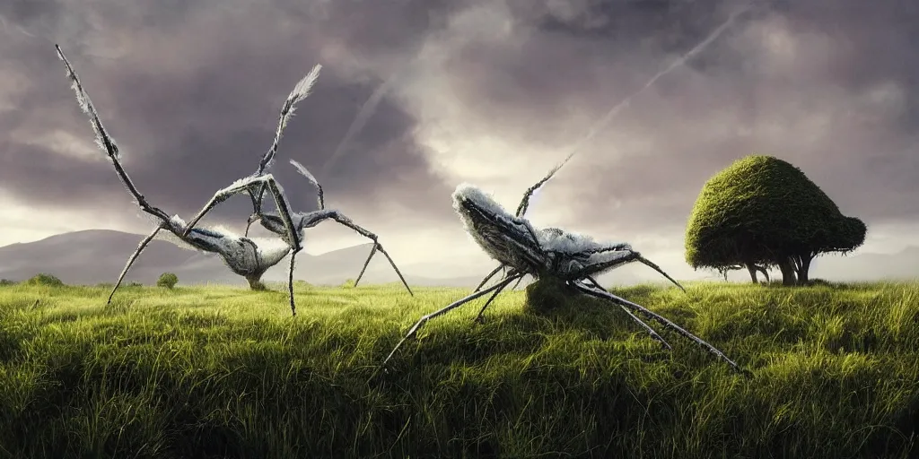 Prompt: “ ominous massive colossal white feathery sci - fi spider crab monster covered in white fuzzy fungus with spider - like legs, verdent green pastoral marshy landscape, trees, hills, thick heavy fog, sunset, golden hour, blue hour, colorful magenta and green dramatic cloud filled sky, by gerald brom, greg rutkowski, photo realism, unreal engine, c 4 d ”