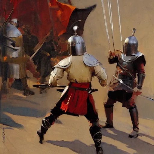 Image similar to man wearing gambeson and bascinet helmet, swinging sword, fighting, detailed by greg manchess, craig mullins, bernie fuchs, walter everett