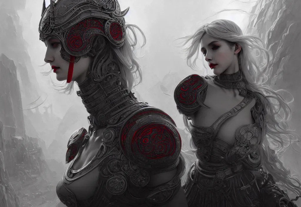 Image similar to portrait grey hair knights of zodiac girl + smoky eyes, matt black / little red color armor in ruined agora of athens, ssci - fi and fantasy, intricate and beautiful and elegant, highly detailed, digital painting, artstation, concept art, smooth and sharp focus, illustration, art by tian zi and wlop and alphonse mucha