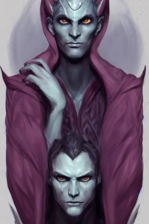 Prompt: djinn man male demon, portrait, full body character concept art, purple cloak, costume design, illustration, white horns from eyebrows, single face, cinematic color grading, editorial photo, fashion, hyperrealism, trending on artstation, Charlie Bowater, WLOP