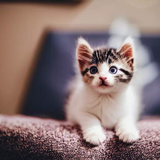 Image similar to A cute little kitten sits on the top of a plush heart-shaped pillow near fireplace, Canon EOS R3, f/1.4, ISO 200, 1/160s, 8K, RAW, unedited, symmetrical balance, in-frame