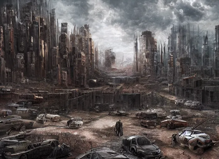 Image similar to an unbelievable dystopian scene, highly detailed, contrasting colours, dark