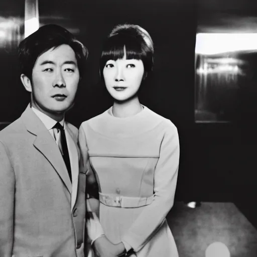 Prompt: 1960s press archive of the actress Choi Eun-Hee and director Shin Sang-ok, Reuters, 35mm film, film grain, mysterious exterior, flash and flare, underexposed