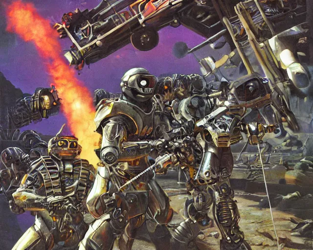 Prompt: cybernetic evil warzone bladed weapons razor projectiles humanoids goin stupid, desert scene