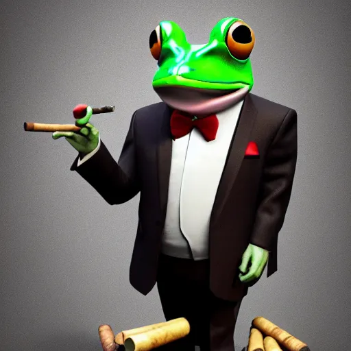 Image similar to a high quality photo of an antropomorphic frog wearing a suit smoking a cigar, 3d scene, render, ultra realistic, artstation, cgsociety