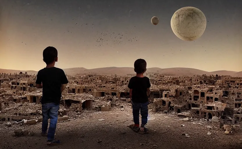 Image similar to “little boy figure lost (in the middle of the scene), epic view of Hummus in Syria in destruction, evening time clear sky, sad atmosphere, ruins, heartbreaking landscape, hyperdetailed, hyperrealism, trending on artstation, award winning photograph, photograph taken by Margaret Bourke-White, photorealistic, 8k, concept art, cinematographic, uhd, epic lighting”