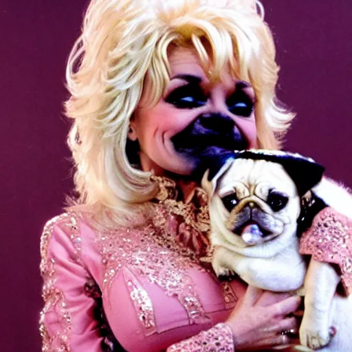 Prompt: dolly parton holding a cute pug way over her head, smile on her face