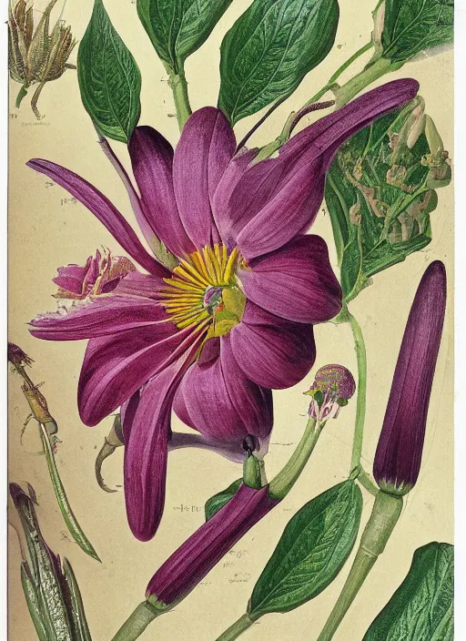 Image similar to fantasy scientific botanical illustration of colorful flower with a big female mouth