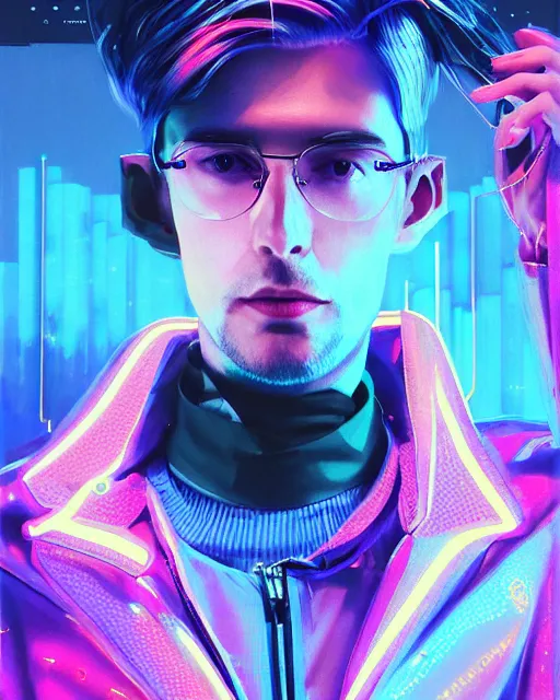 Image similar to detailed portrait of European Pale Blonde hair Stylish Guy Sheen Holographic Jacket coat, Futuristic sci-fi fashion, royal attire Akira, Evangelion, cyberpunk, neotokyo, synthwave, aesthetics, futuristic, low-emission-neon, bladerunner movie scene by ismail inceoglu dragan bibin hans thoma greg rutkowski Alexandros Pyromallis Nekro Rene Margitte illustrated Perfect face, fine details, realistic shaded, fine-face, pretty face sharp chine