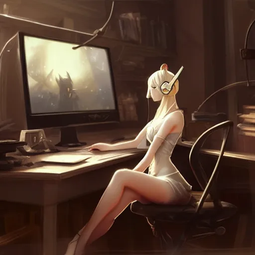 Image similar to a blonde miqo'te sitting in front of a computer wearing headphones, in the style of greg rutkowski, fantasy, amazing detail, epic, elegant, smooth, sharp focus