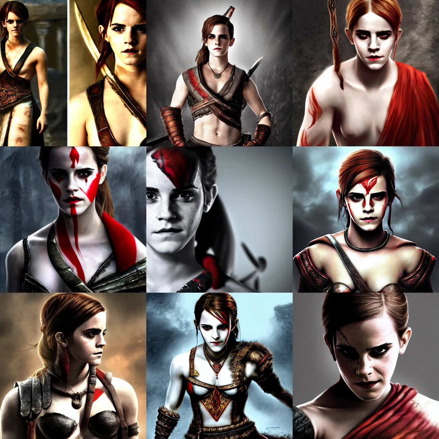 Image similar to Emma Watson as Kratos, brutal, portrait