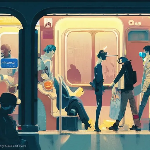 Image similar to paris subway life scene, by ( victo ngai ), ( ( studio muti ) ), malika favre, ( rhads ), makoto shinkai