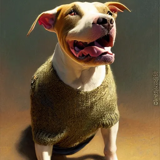 Image similar to a portrait of a female pit bull wearing a sweater and smiling at the viewer. highly detailed painting by gaston bussiere, craig mullins, j. c. leyendecker 8 k