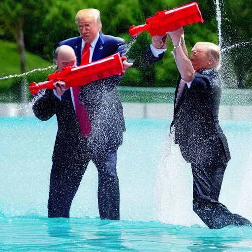 Image similar to photo of putin, trump and obama using water guns at each other