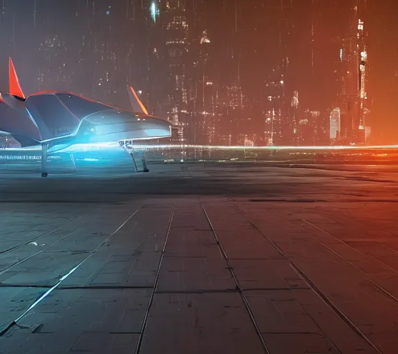 Image similar to futuristic sci fi jet lands at runway of cyberpunk city, night photo ,cinematic lighting , digital concept art