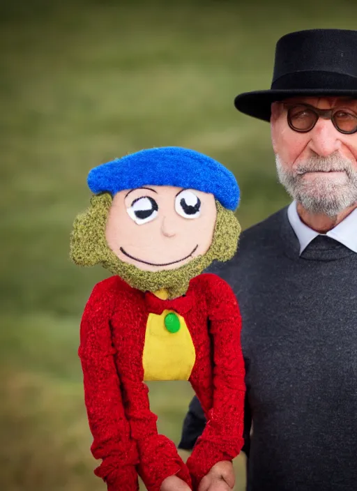 Prompt: portrait photo still of real life mr garrison with mr hat puppet, 8 k, 8 5 mm, f. 1 4