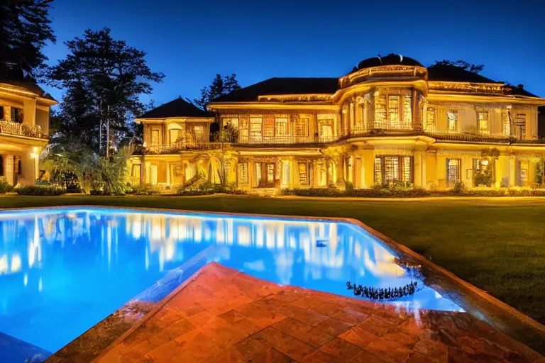 Prompt: photo of beatiful mansion with a beatiful reflective pool, a colorful plane is flying above the clouds, night, intrictave, 8k highly professionally detailed, HDR, Gcsociety
