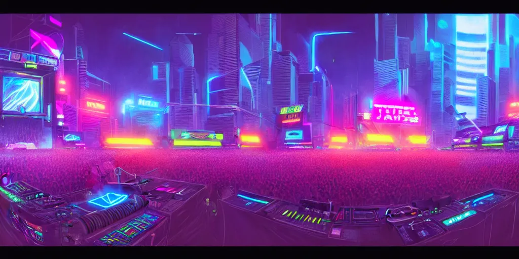 Image similar to dj plays big music at the biggest festivals in the world to a huge crowd, with lots of blaring neon lights in the spirit of synthwave, highly detailed, digital painting, artstation, concept art, matte, sharp focus, illustration, art by artgerm and greg rutkowski and mike mignogna