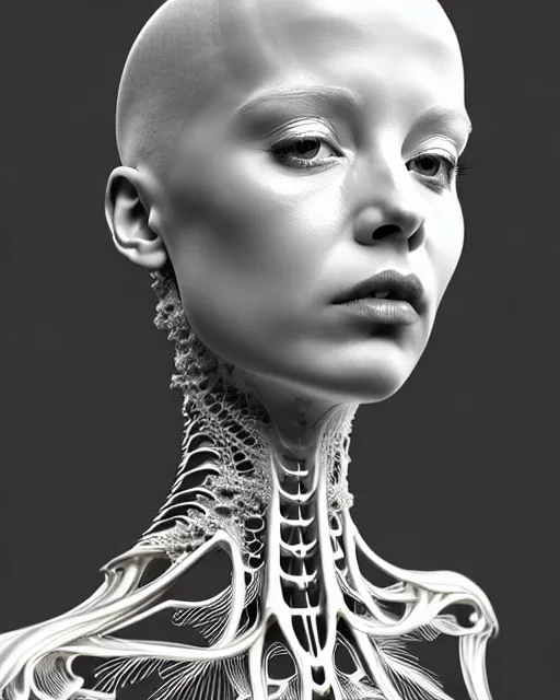 Image similar to bw 3 d render, stunning beautiful very young angelic cute biomechanical albino female cyborg with a porcelain profile face, rim light, big leaves and stems, roots, fine foliage lace, alexander mcqueen, art nouveau fashion embroidered collar, steampunk, silver filigree details, hexagonal mesh wire, mandelbrot fractal, elegant, artstation trending