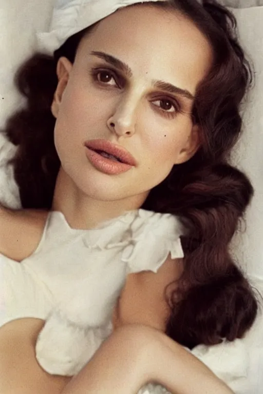 Prompt: 23 year old natalie portman making stupid faces, dressed like a clown from the 40s, loose messy hair , thoughtful eyes, wearing a thin white skimpy cotton camisole, pale skin, poised beautiful body, symmetrical face, zen aesthetic, interior design, amber and blue color scheme, sophisticated, pensive, contemplation, meditation, aloof, ethereal, realistic painting